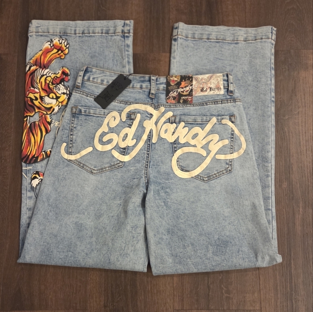 NWT Y2K Ed Hardy Crawling Tiger Stretch Wide Leg Jeans - Light Wash - Picture 7 of 9